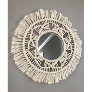 Hanging Wall Mirror with Macrame Fringe 2 Set Small Round Decoration Boho